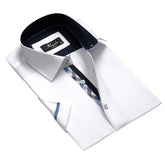 Men's Button down Tailor Fit Soft 100% Cotton Short Sleeve Dress Shirt Solid White Checkered casual And Formal - Amedeo Exclusive